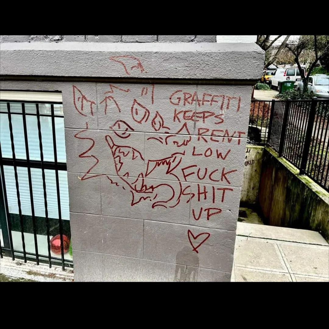 This meme is a photo of a graffiti-covered wall with a crude drawing of a monster's face. The text "GRAFFITI KEEPS A RENT LOW" is scrawled above the monster, implying that the monster is somehow responsible for keeping rent prices low. The overall tone is playful and humorous, poking fun at the idea that a monster would be able to control rent prices.